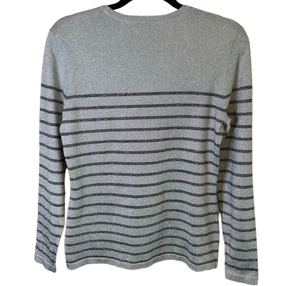 J. Mclaughlin- Silver & Black Metallic Striped Knit Stretch Button Collar Top, S - Picture 2 of 6